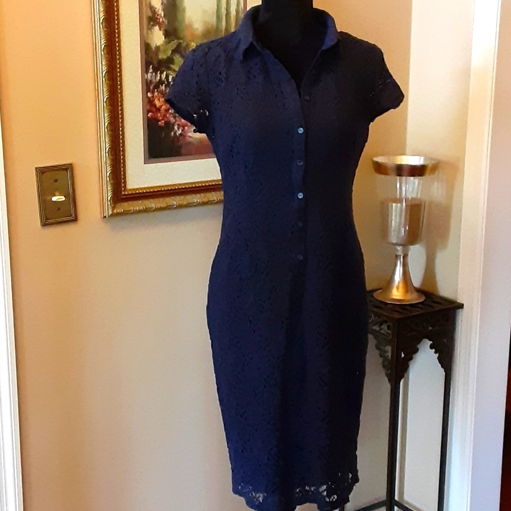 Cato navy lace dress slip short sleeve button front adjustable straps Small EUC…